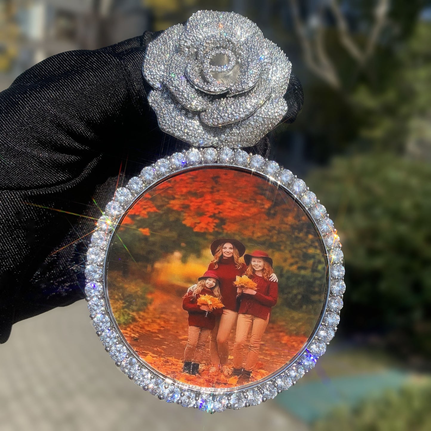 Rose Photo Frame Pendant Necklace for Women Iced Out Statement Jewelry