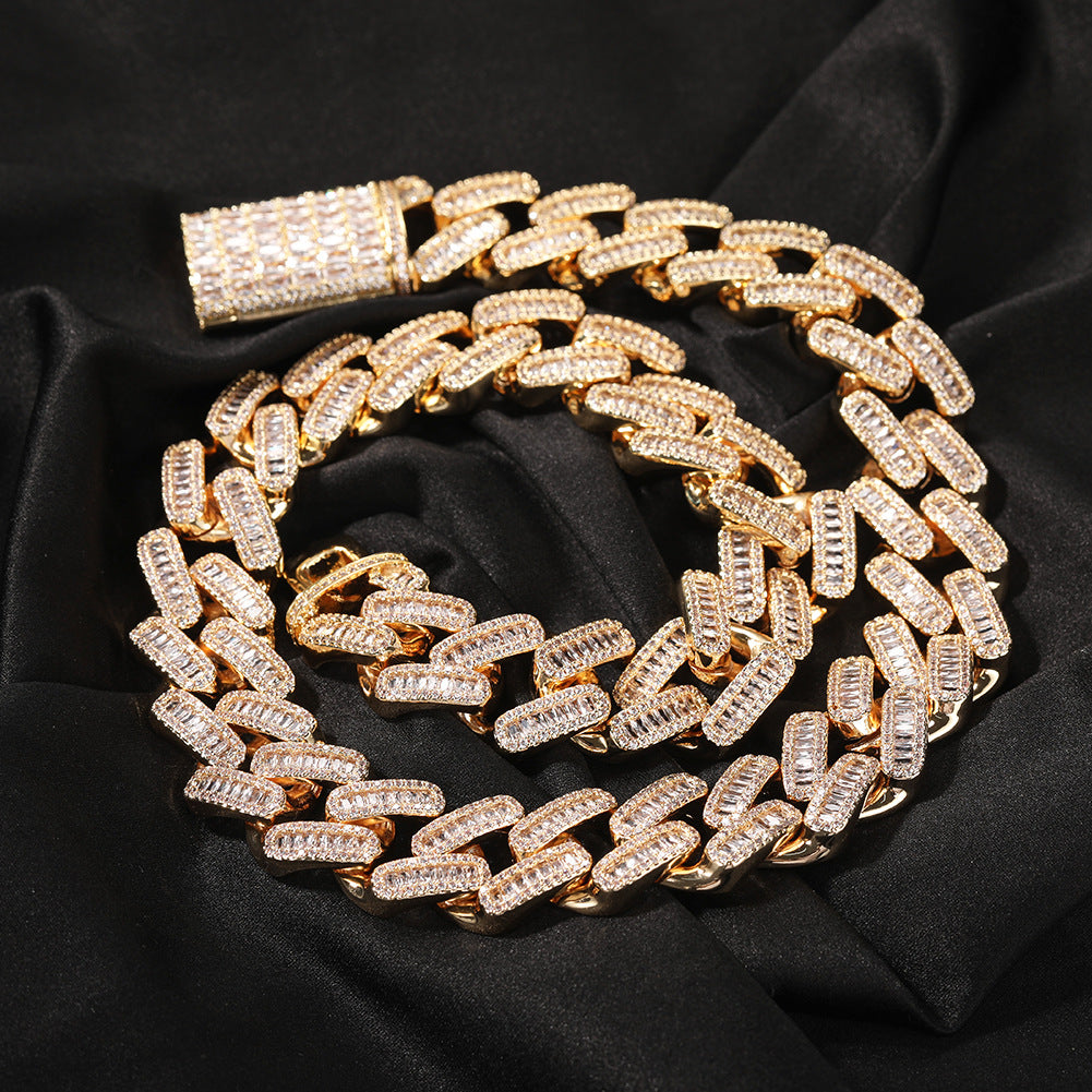 Iced Out Cuban Link Chain Necklace Bracelet Set with Cubic Zirconia Pendant for Women and Men