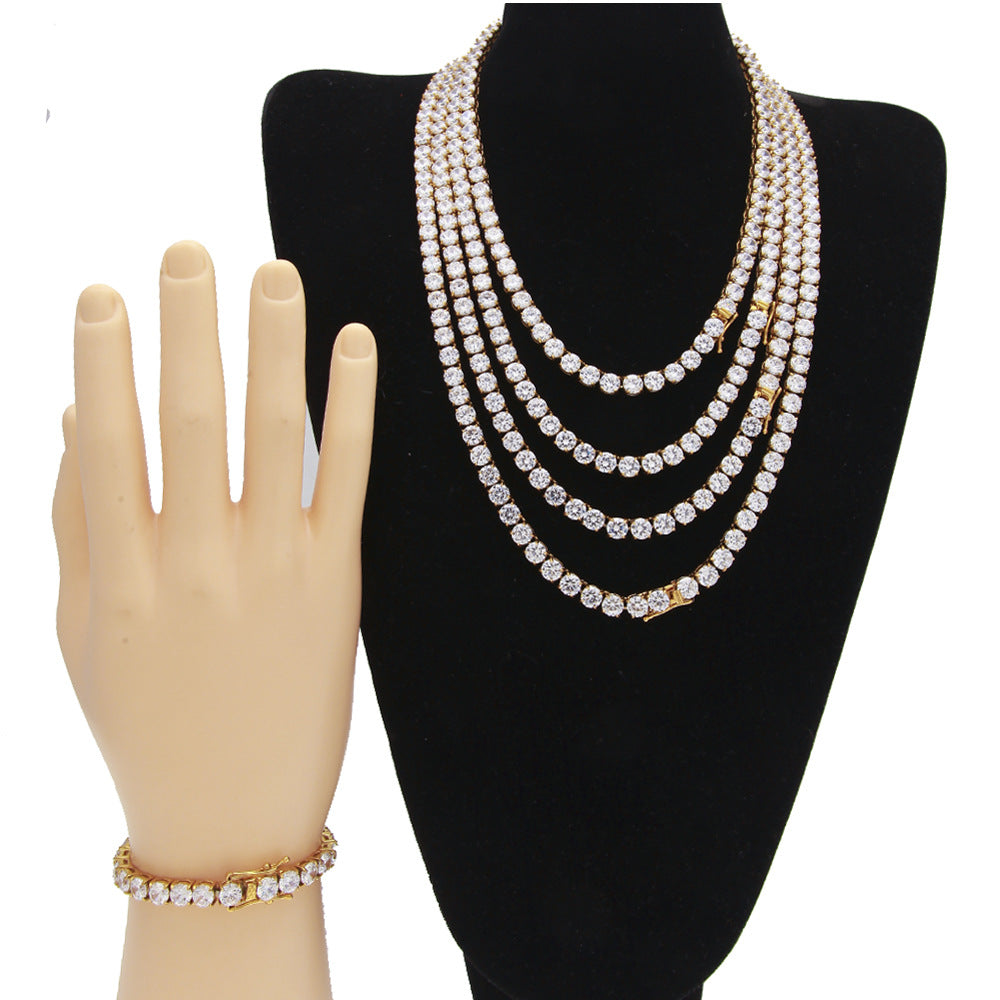 Unisex Stainless Steel Tennis Chain Necklace with Crystal Pendant Look, 6mm Gold & Silver Chain