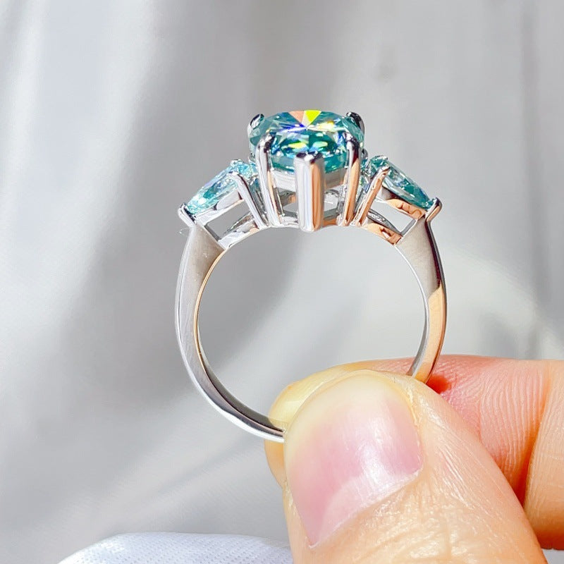 Green Pear Cut Moissanite Ring for Women, 6 Carat Three Stone Engagement Ring product image