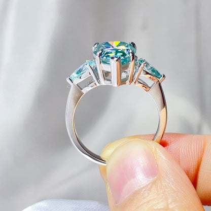 Green Pear Cut Moissanite Ring for Women, 6 Carat Three Stone Engagement Ring