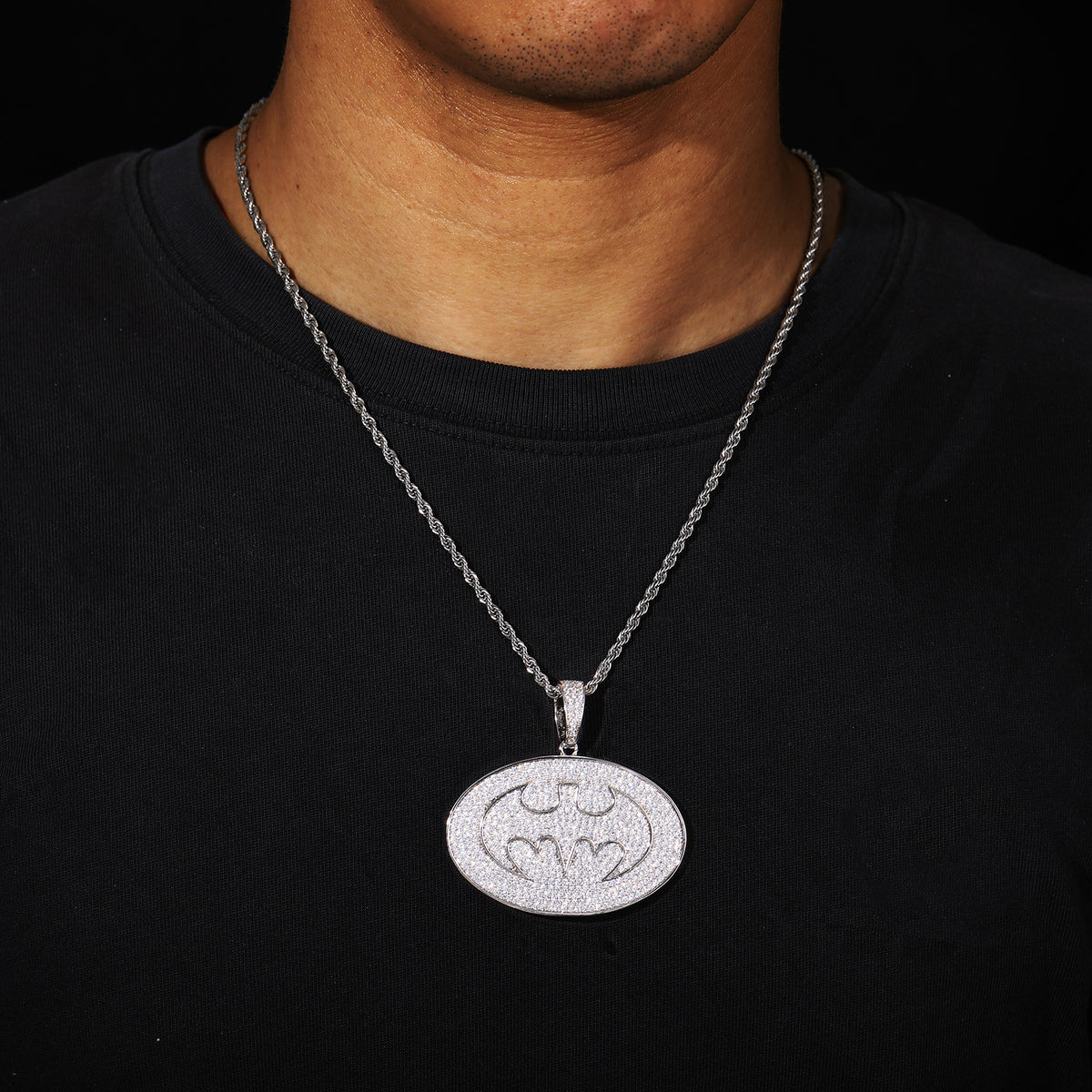 Iced Out Oval Superhero Pendant Necklace for Men Women, Copper Cubic Zirconia Hip Hop Rope Chain product image