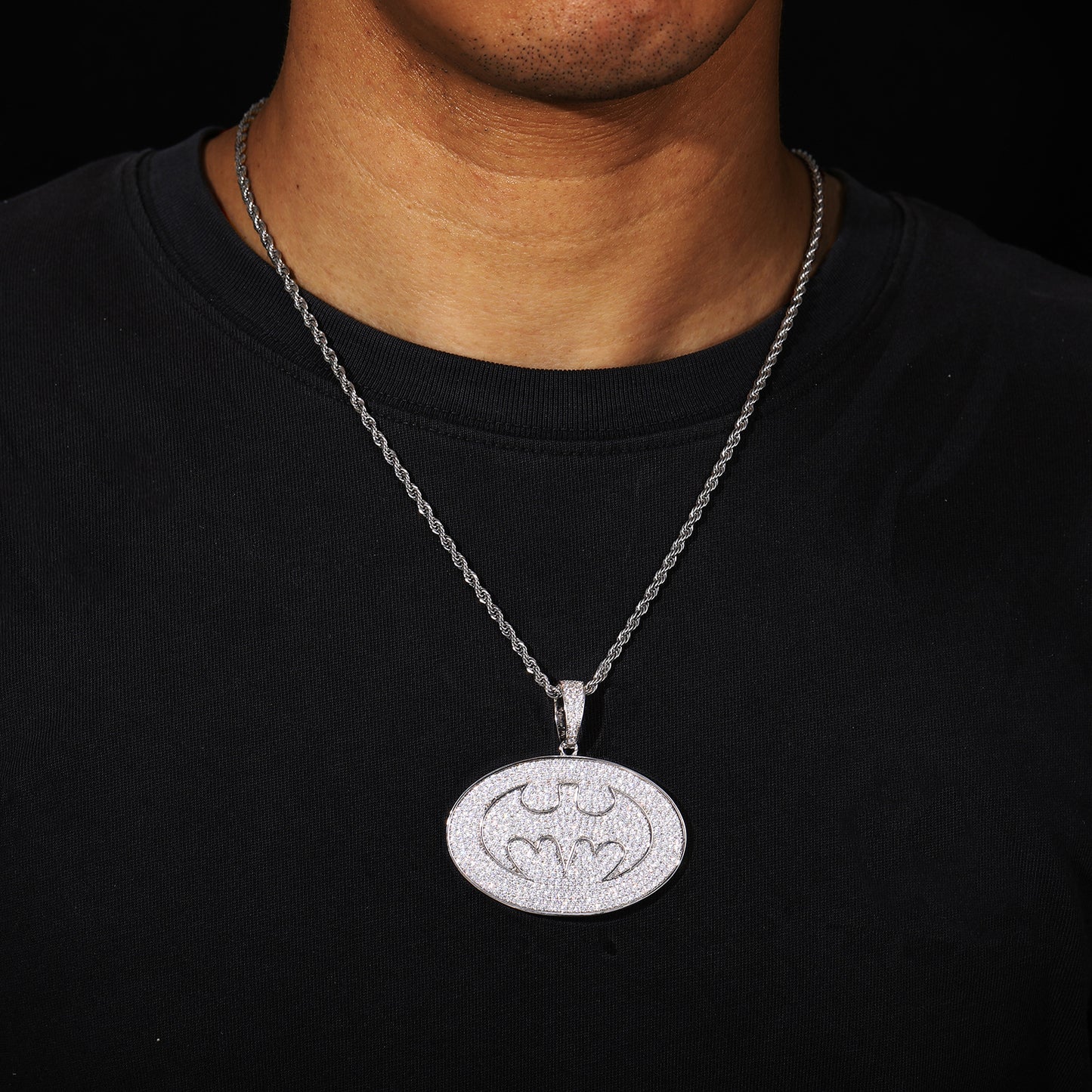 Iced Out Oval Superhero Pendant Necklace for Men Women, Copper Cubic Zirconia Hip Hop Rope Chain product image