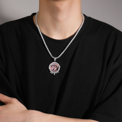 Iced Round Photo Pendant Necklace with 24 Inch Twist Chain, Gold or Silver Plated Hip Hop Statement Chain