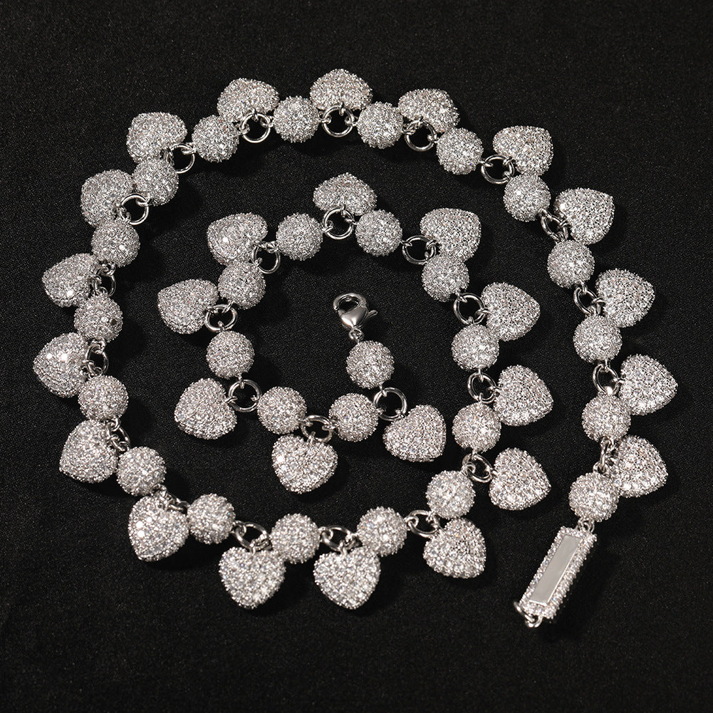 Silver-Tone Iced Out Heart & Round Cubic Zirconia Necklace for Women and Men