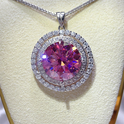 Pink Round Halo Moissanite Pendant Necklace with Double Circle Pavé Design