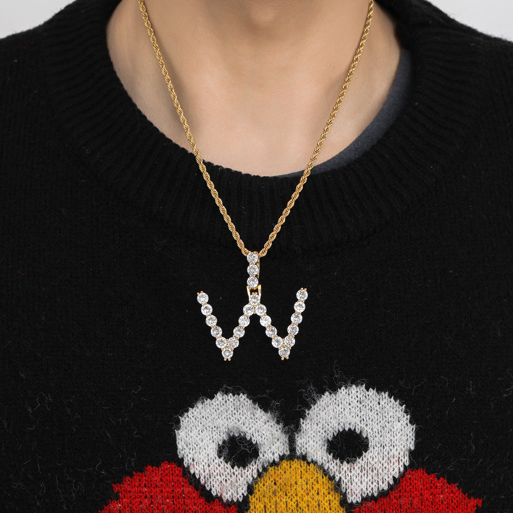 Hip Hop Minimalist Letter Cubic Zirconia Pendant Necklace for Men and Women