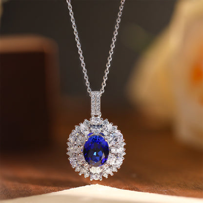 Blue Sapphire Oval Halo Jewelry Set, Necklace Earrings Ring, Silver-Tone