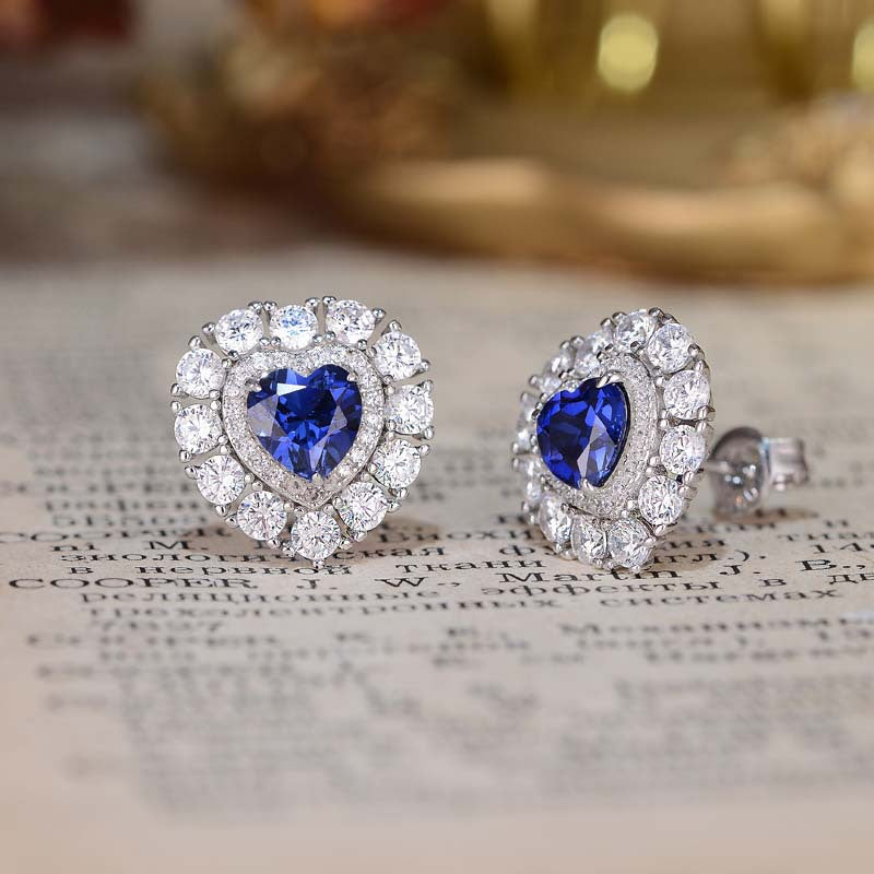 Blue Heart Stud Earrings for Women, Created Sapphire Halo Earrings product image