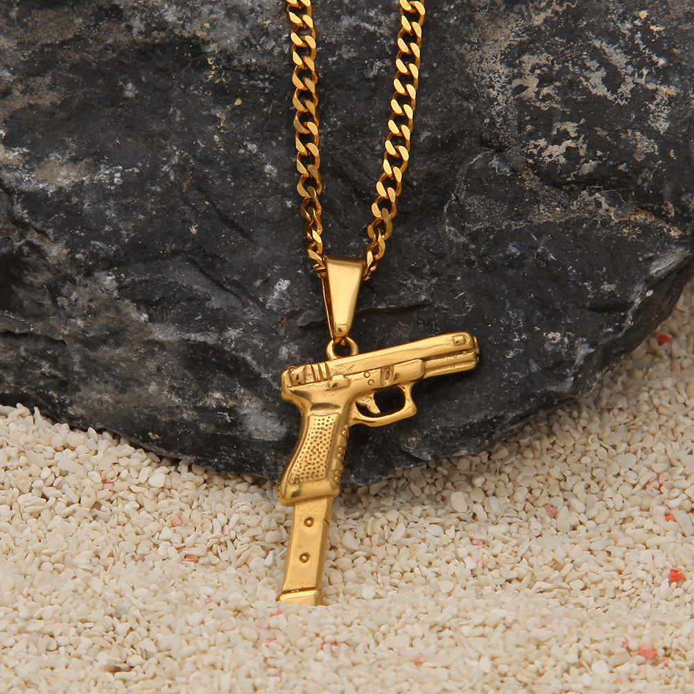 Stainless Steel Pistol Pendant Necklace for Women & Men - Gold Plated or Silver Plated 24 Inch Cuban Chain Statement Jewelry
