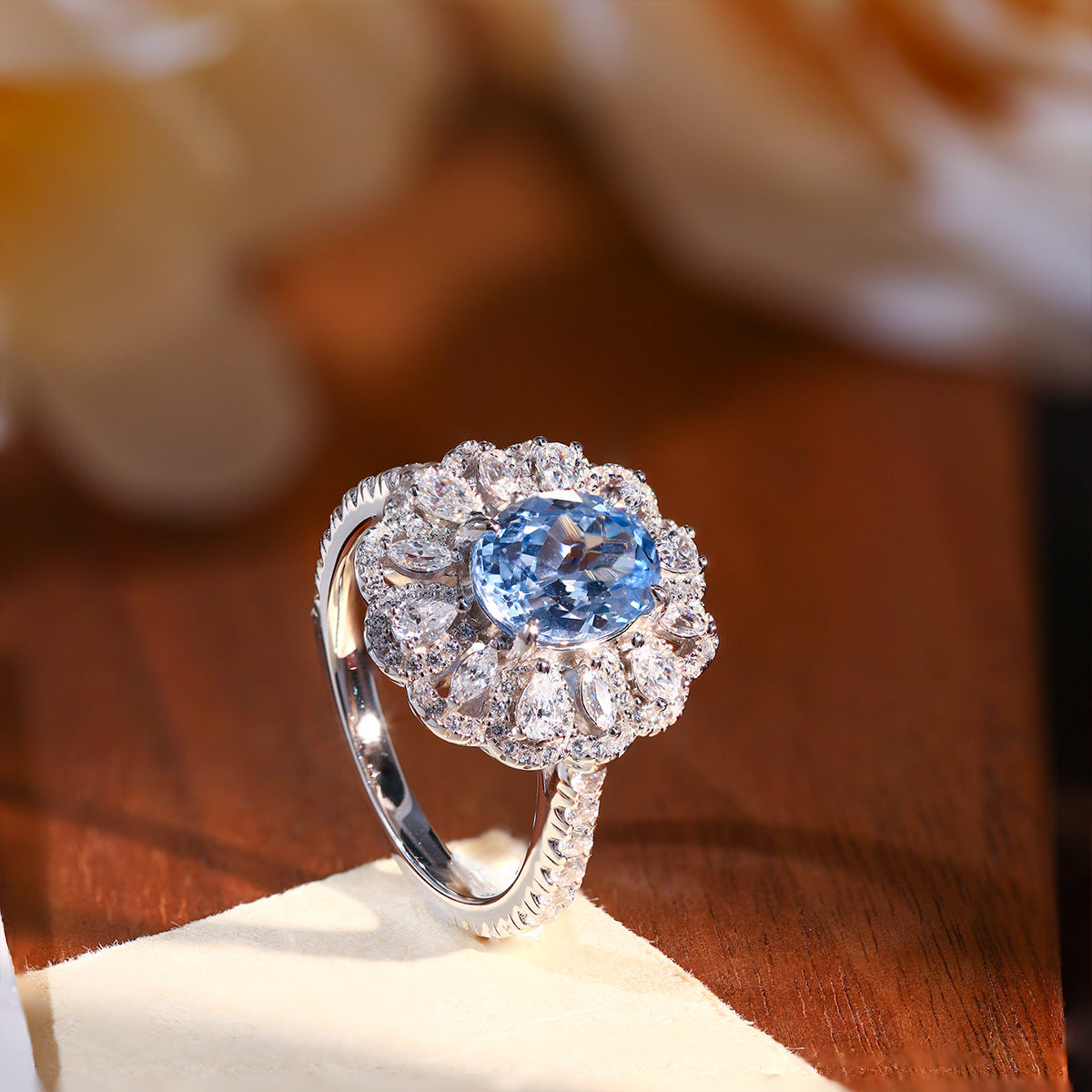 Oval Blue Halo Ring for Women, 925 Silver Floral Promise Ring product image