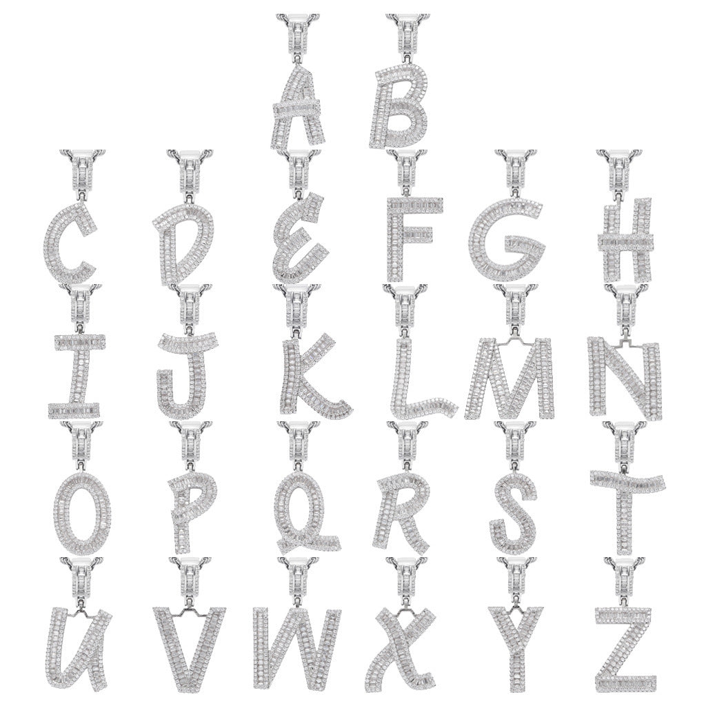 Hip Hop Light Luxury Letter Square Cubic Zirconia Pendant Necklace for Men and Women
