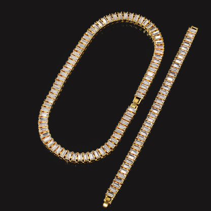 Gold Plated Baguette Crystal Chain Necklace Bracelet Set for Women and Men