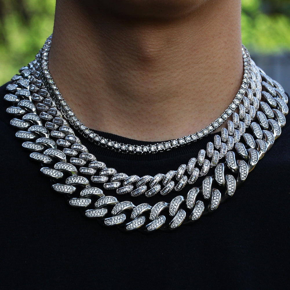 Iced Cuban Link Chain Necklace & Bracelet Set with Cubic Zirconia for Women and Men, Gold Plated or Silver Plated Statement Jewelry