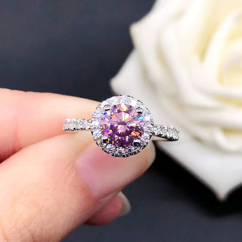 Round Halo Moissanite Ring for Women, Color Center Stone Engagement Ring, 0.5 to 2 Carat Look, White Pink Yellow Blue product image