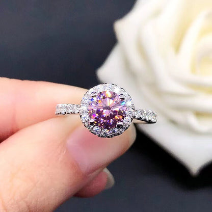 Round Halo Moissanite Ring for Women, Color Center Stone Engagement Ring, 0.5 to 2 Carat Look, White Pink Yellow Blue