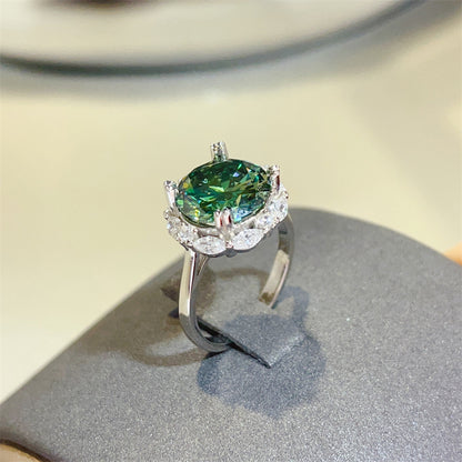 Green Moissanite Halo Ring for Women, Round Center Stone with Marquise Side Accent Design