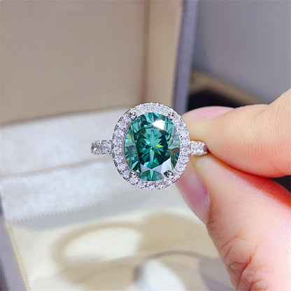 Green Moissanite Halo Ring for Women, Oval Cut Micro Pave Engagement Ring, 1CT 2CT 3CT 5CT