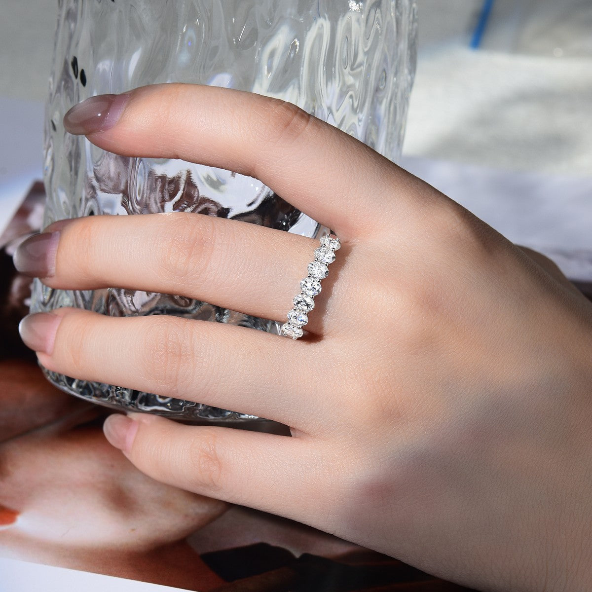 S925 Moissanite Row Ring for Women, Round-Cut Band Ring product image