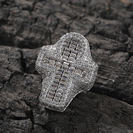 Silver tone cross cubic zirconia statement ring on dark stone alternate product image
