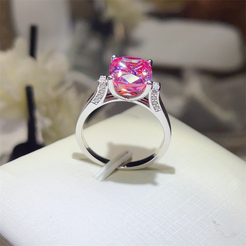 Pink Cushion Cut Moissanite Ring for Women, Geometric Halo Style Engagement Ring, 3 Carat or 5 Carat product image
