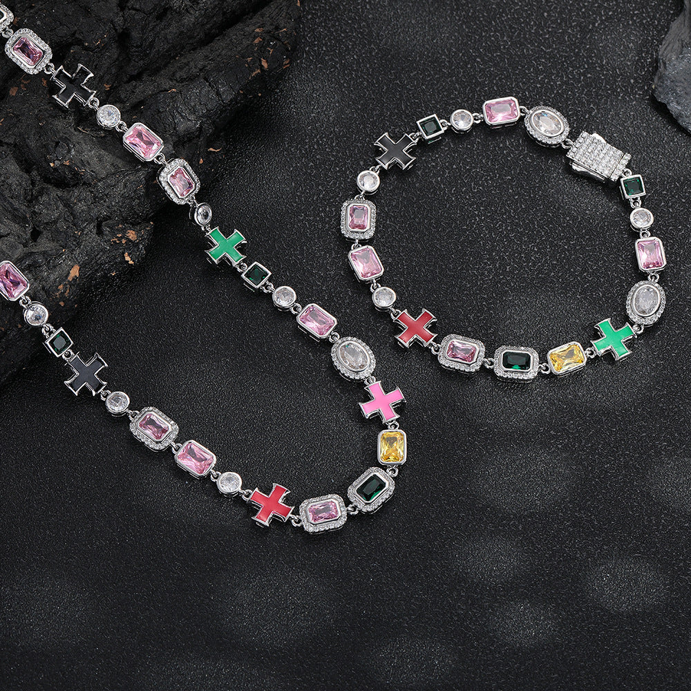 Colorful Cross Charm Link Bracelet, Geometric Gemstone Hip Hop Style product image