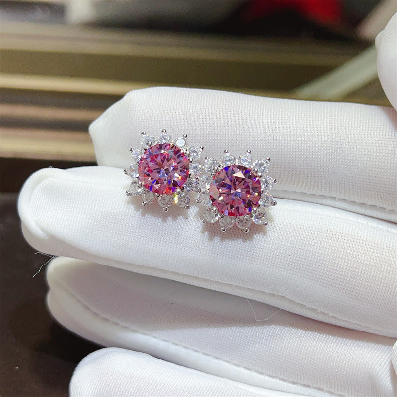 Pink Round Moissanite Stud Earrings with Halo Accent for Women product image