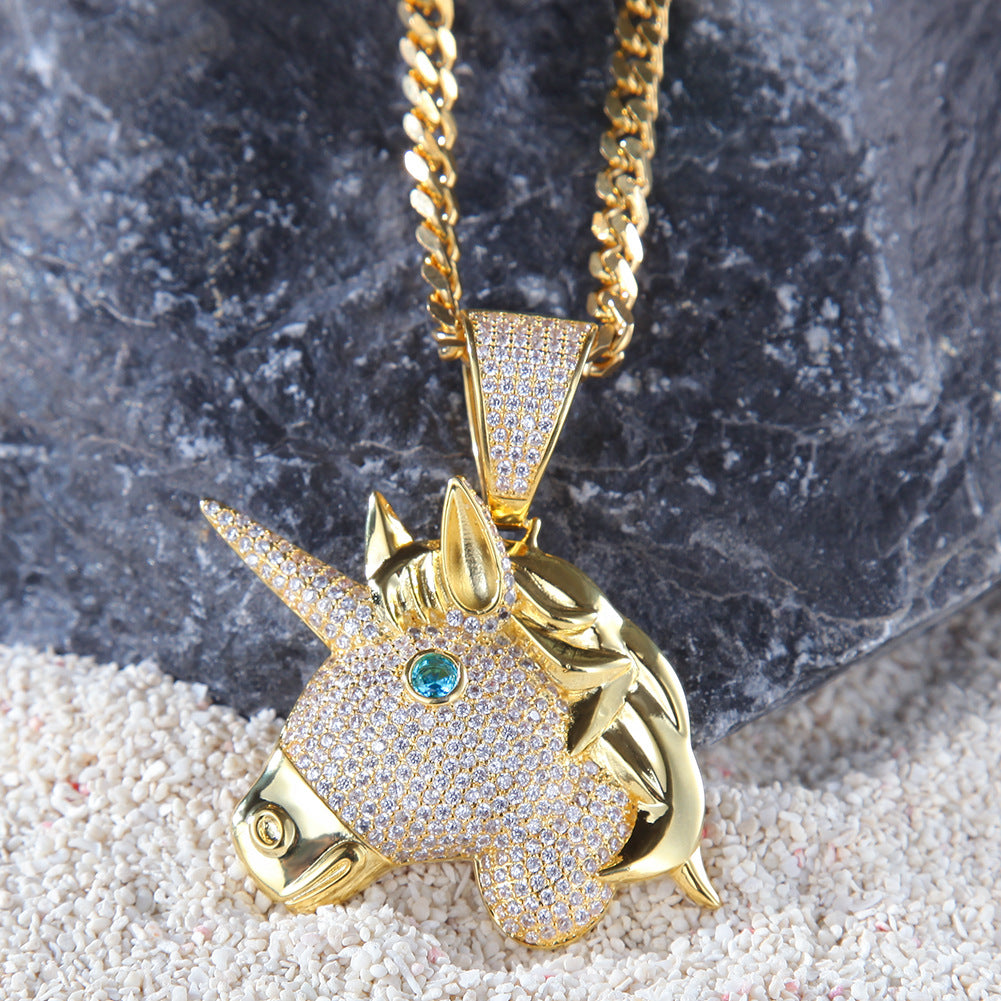 Iced Unicorn Head Pendant Necklace for Women – Cubic Zirconia Statement Chain in Gold Plated or Silver Plated Finish product image