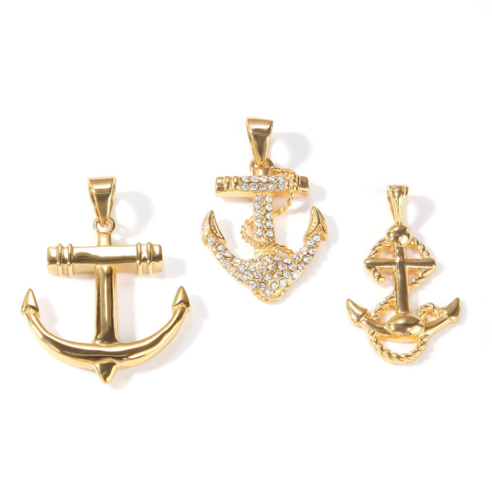 Unisex Stainless Steel Anchor Pendant Necklace with Cuban Chain, Gold Plated Hip Hop Statement Chain