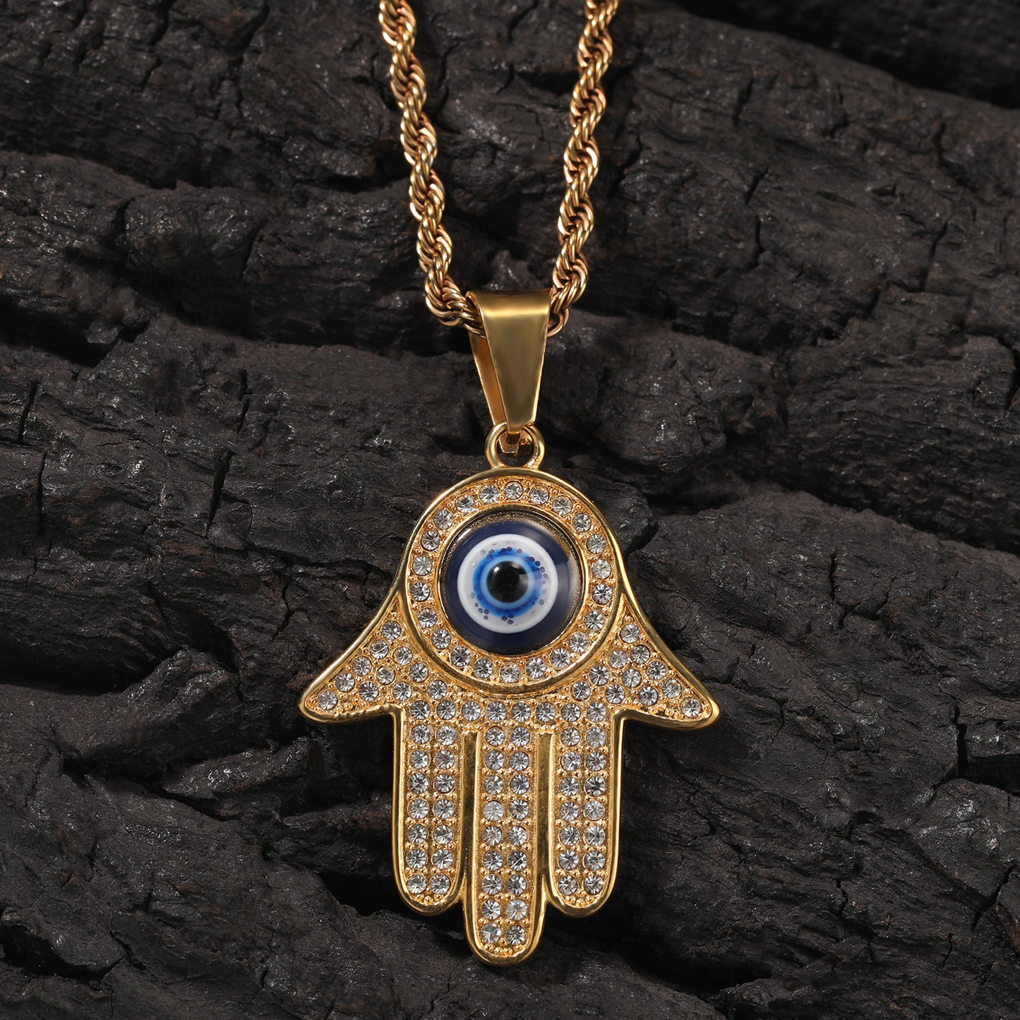 Gold Plated Evil Eye Hamsa Hand Pendant Necklace with Cubic Zirconia Hip Hop Statement Chain