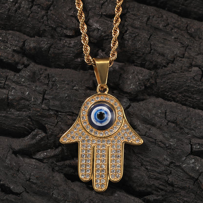 Gold Plated Evil Eye Hamsa Hand Pendant Necklace with Cubic Zirconia Hip Hop Statement Chain