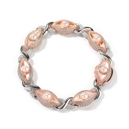 Men’s Iced Two-Tone Cuban Link Necklace & Bracelet Set with Pearl Detail and Rhinestone Paved Copper Finish
