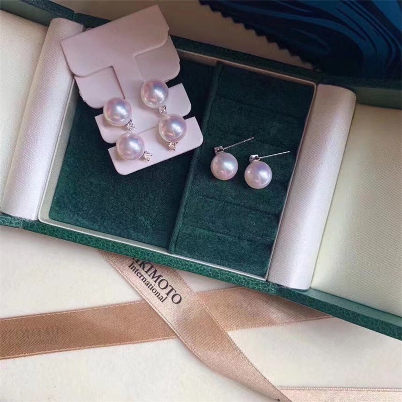 18K Gold Akoya Seawater Pearl Stud Earrings with Crystal Accent, 8-9mm / 9-10mm