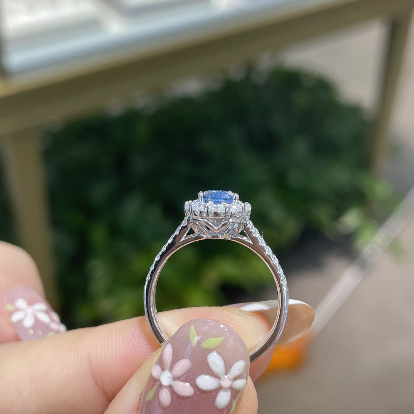 925 Silver Blue Teardrop Halo Ring for Women, Split Shank Promise Ring product image