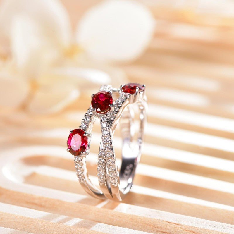 S925 Red Ruby Crossover Geometric Ring for Women product image