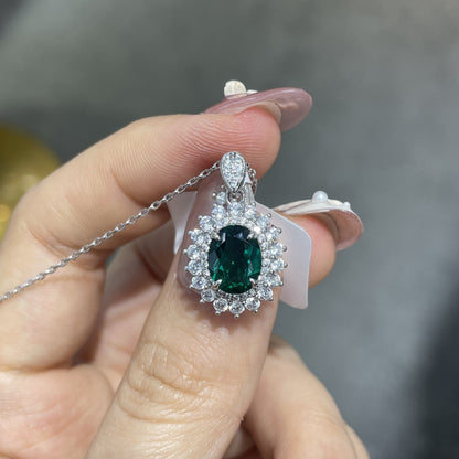 Emerald Green Oval Jewelry Set for Women, Halo Ring Earrings Necklace