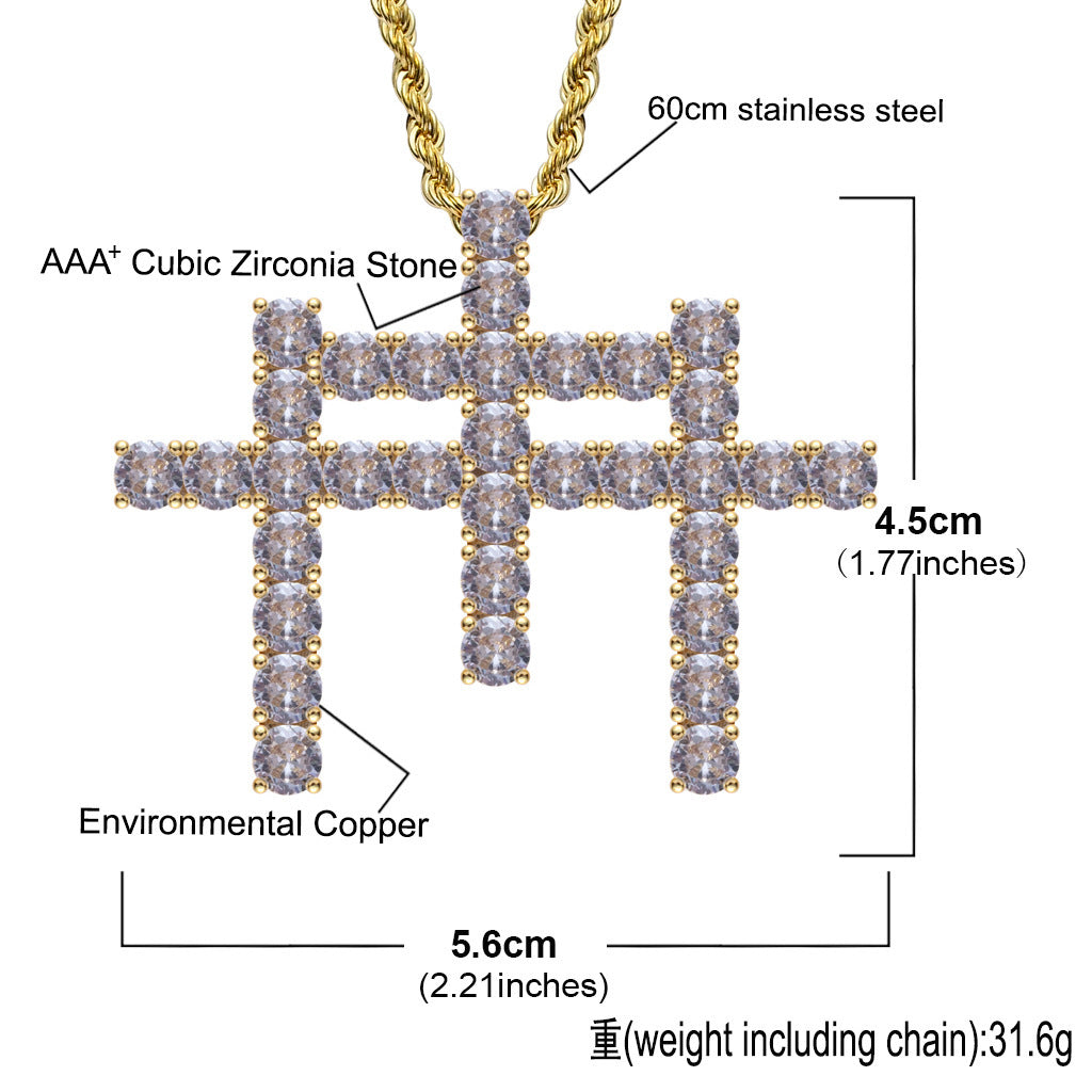 Hip Hop Light Luxury Cross Cubic Zirconia Pendant Necklace for Men and Women