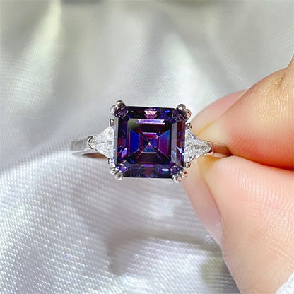 3 Carat Asscher Cut Three Stone Moissanite Ring for Women, Colored Engagement Ring, Promise Ring
