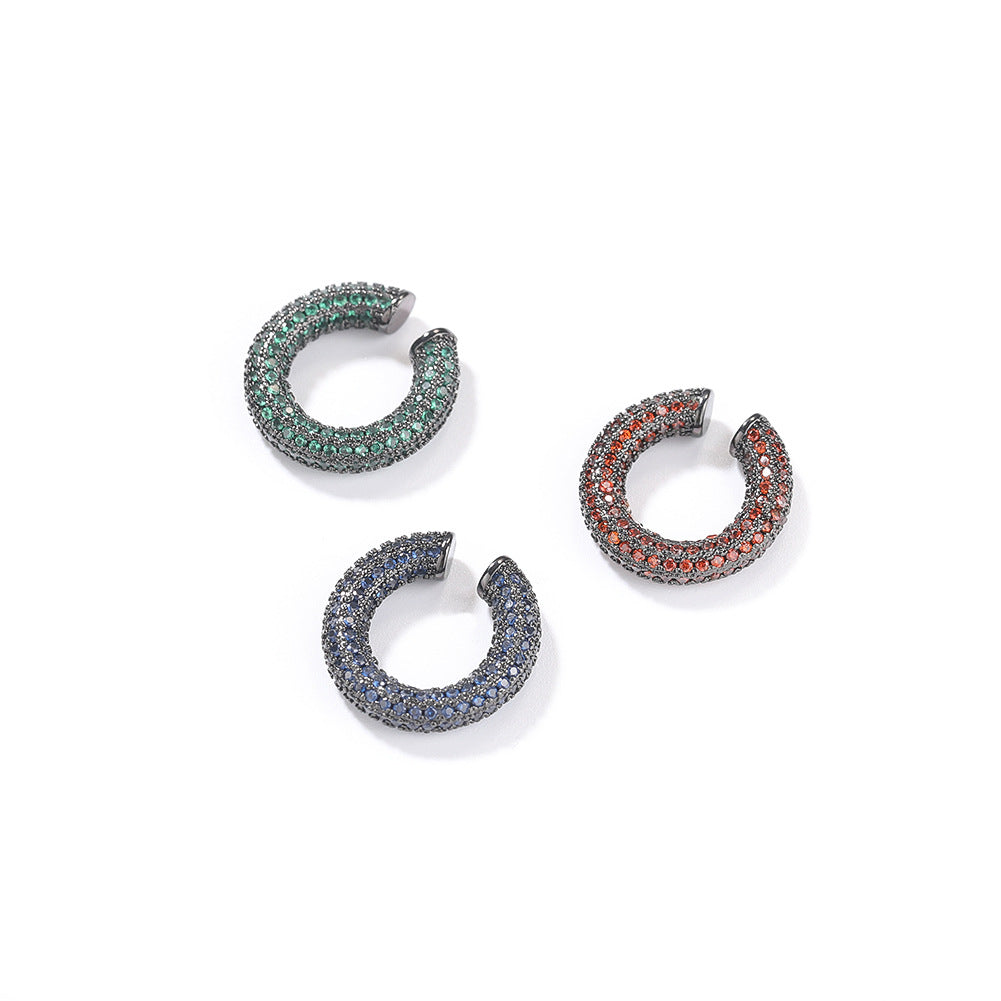 Unisex Hip Hop Round Cubic Zirconia Ear Cuff Earrings – Copper Statement Clip-On Earrings in Green, Orange Red & Blue