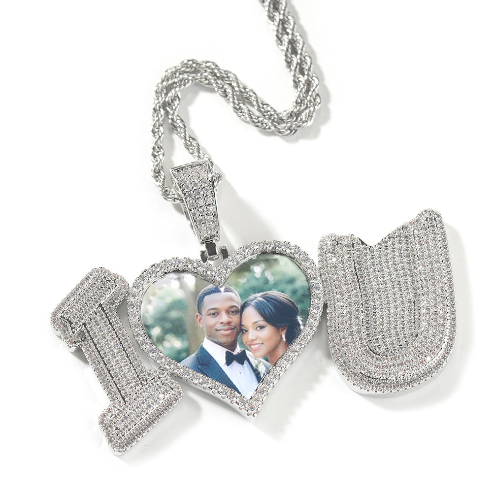 Iced Custom Letter Photo Pendant Necklace for Men with Cubic Zirconia Rope Chain