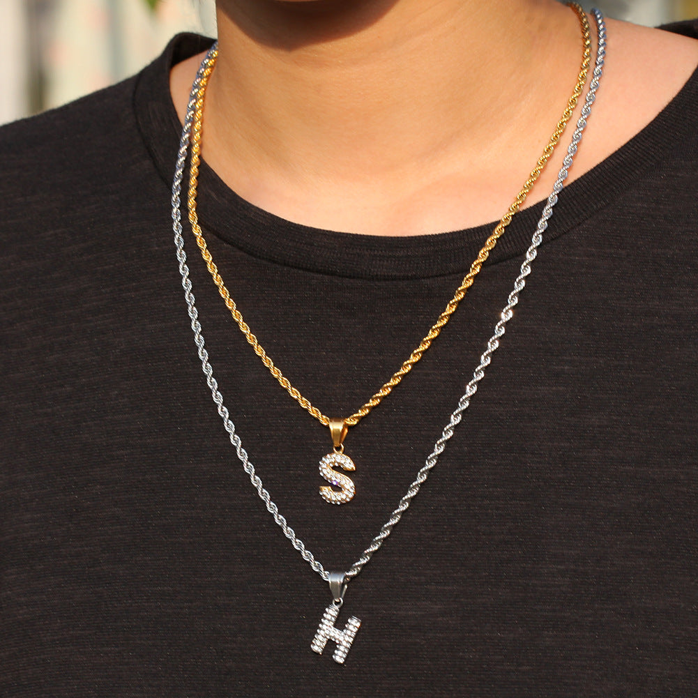 Iced Initial Letter Pendant Necklace for Men in Stainless Steel with Rhinestones, 24-Inch Twist Chain, Gold and Silver Tone A-Z