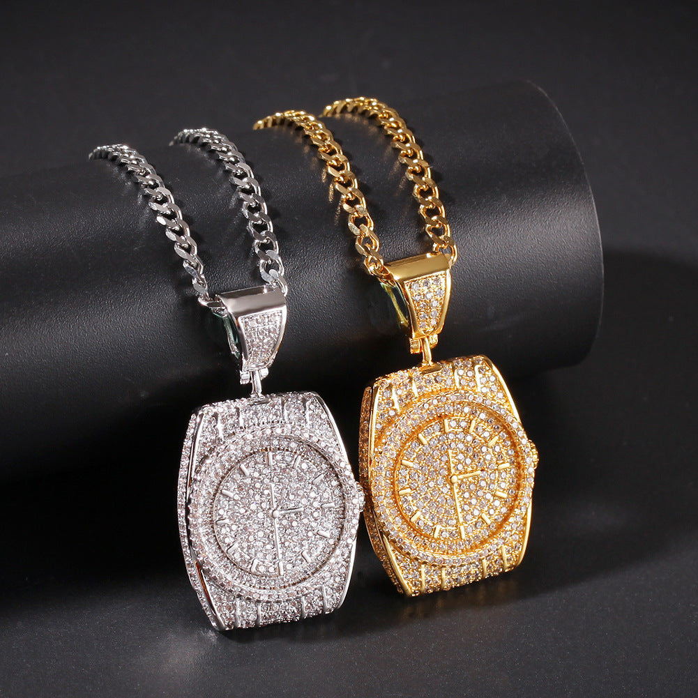 Iced Watch Pendant Necklace for Men & Women – Cubic Zirconia Square Statement Chain in Gold or Silver Tone product image