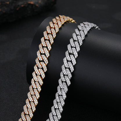 12mm Geometric Cuban Link Chain Necklace & Bracelet Set, Cubic Zirconia Hip Hop Jewelry