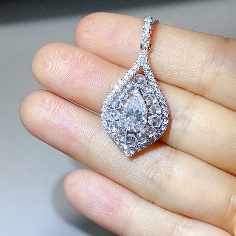 Pear Cut Moissanite Halo Pendant Necklace for Women, Teardrop Pavé Statement Necklace, Pink Center Stone Jewelry Gift product image