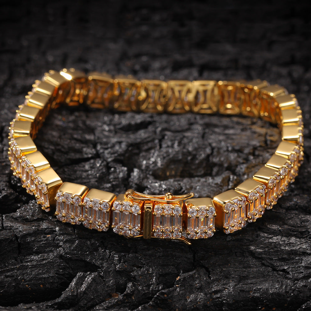 Men’s Iced Out Baguette Cut Bracelet - Gold or Silver Tone Copper Chain Bracelet, 7 Inch / 8 Inch