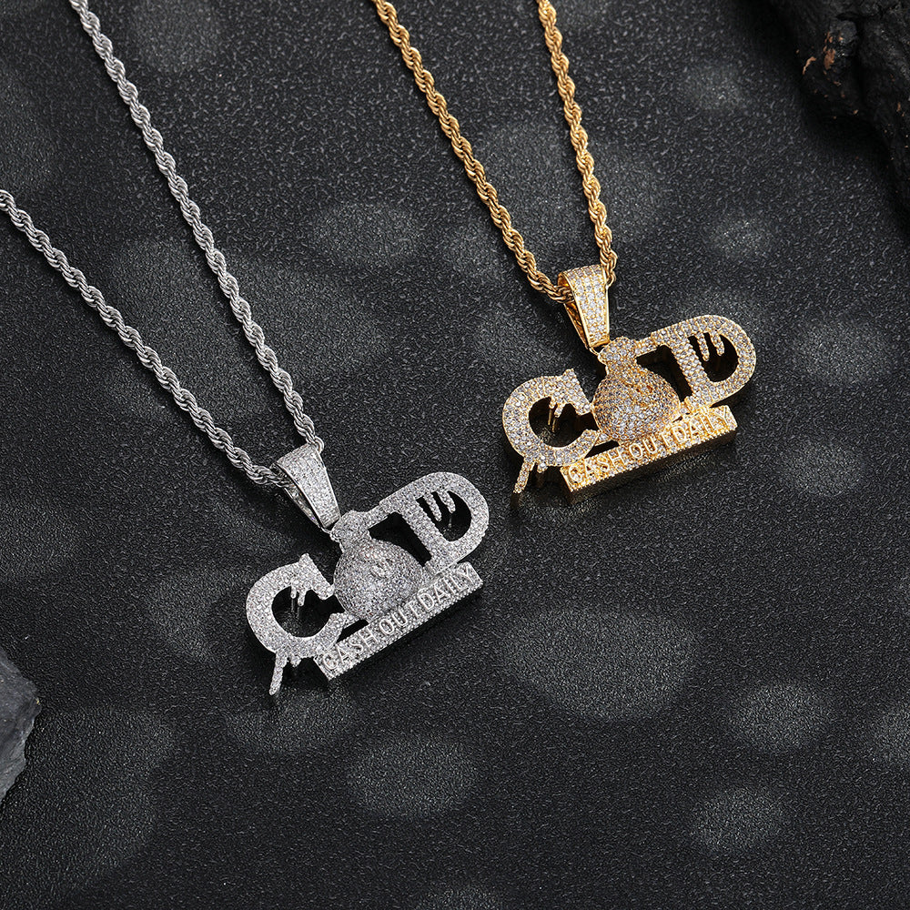 Men's Hip Hop Letter Pendant Rope Chain Necklace, CZ Copper Streetwear Jewelry
