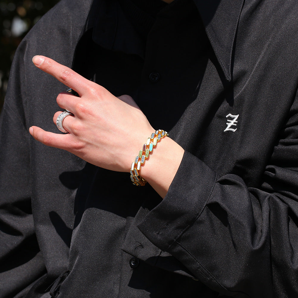 Unisex Statement Chain Bracelet with Multicolor Crystal Links - Hip Hop Style in Golden or Silvery, 7 Inch & 8 Inch product image