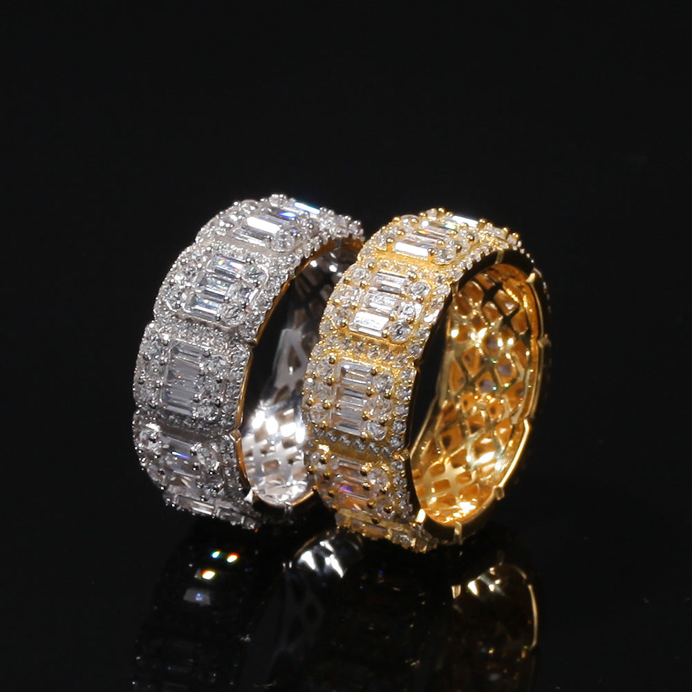 Unisex Iced Out Circular Band Ring with Cubic Zirconia in Gold or Silver Plated, 8mm/10mm Statement Ring