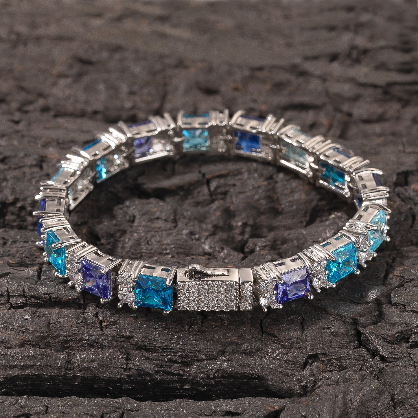 Iced Out Square Cut Crystal Chain Bracelet for Women & Men - Silver Plated Hip Hop Statement Bracelet