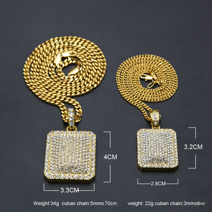 Iced Out Rectangle Pendant Necklace with Cuban Chain for Women and Men, Gold or Silver Crystal Statement Chain